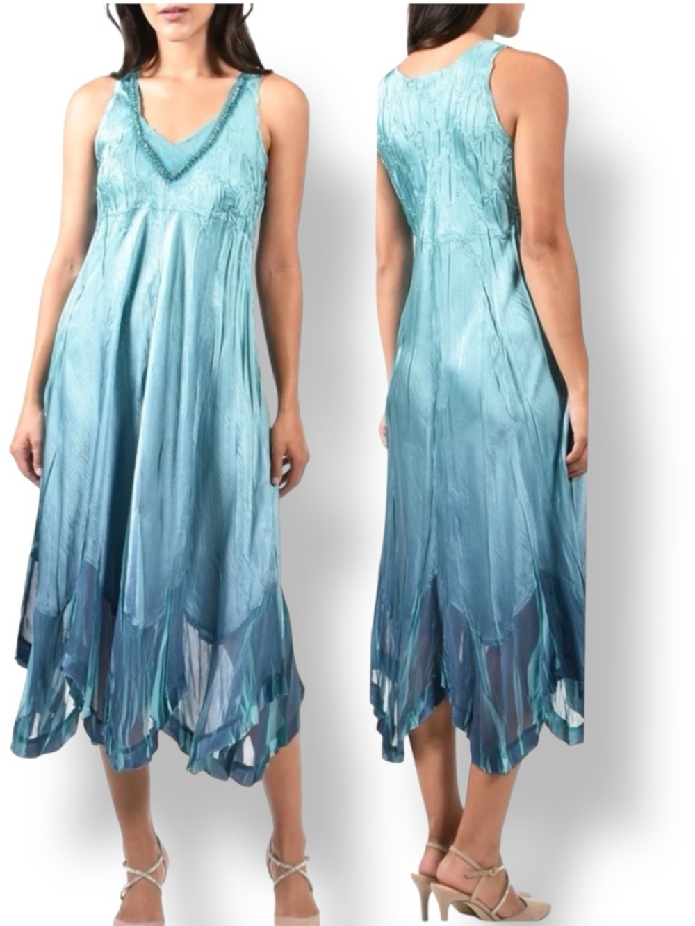 KOMAROV NWT CHARMEUSE EMBELLISHED IN MARINE NIGHT OMBRE MIDI DRESS Size M